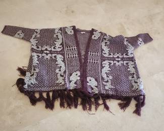 Vintage Boho Fringe Knit Cardigan Sweater Purple Gray Southwestern Style