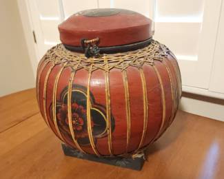 Vintage Asian Lacquered Storage Jar Red Black Floral Bamboo Woven Lid