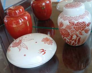 Vintage Asian Style Ginger Jars & Trinket Box – Red & White Porcelain with Floral and Bird Motifs