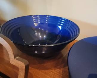 Vintage Cobalt Blue Glass Serving Bowl Ribbed Retro Kitchen Decor