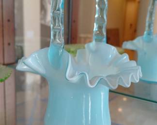Vintage Fenton Style Blue Opaline Art Glass Basket – Ruffled Edge with Clear Handle