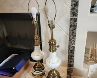 Pair Vintage Mid Century Brass & White Glass Table Lamps Hollywood Regency