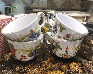 Vintage Hand Painted Italian Pottery Floral Cups Set of 4 Majolica Style