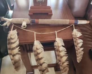 Native American Style Ceremonial Peace Pipe w/ Feathers & Leather Wrap