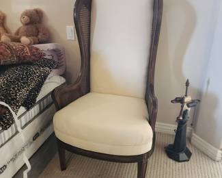 Vintage Wingback Chair Cane Sides High Back Cream Upholstered Accent