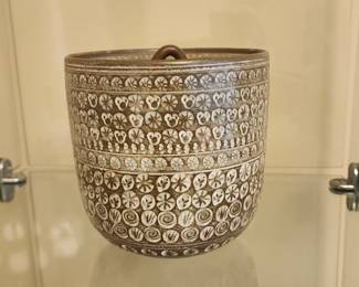 Vintage Studio Pottery Lidded Jar Brown White Geometric Folk Art Design