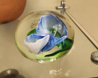 Handmade Glass Paperweight Blue White Flower Art Glass Sphere