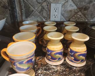 Italian Hand Painted Pottery Mugs Set Colorful Majolica Style