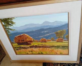 Vintage Framed Landscape Oil Painting – Haystacks & Mountain Scene – Rustic Farmhouse Wall Art