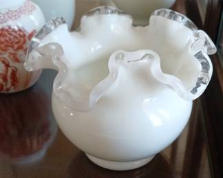 Vintage Fenton Silver Crest Milk Glass Vase – White with Clear Ruffled Edge