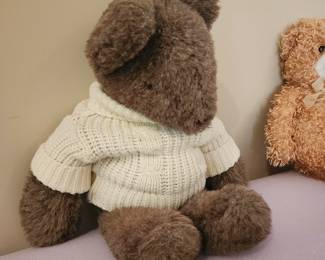 Vintage Teddy Bear Plush Brown Stuffed Animal in White Sweater