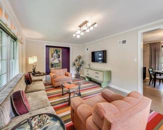 Sofa with pillows, coffee table, Insignia TV, faux plant lamp and art by Bernard Zalusky is for sale.