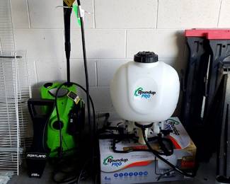 Ocala ES pressure washer, sprayer backpack sawhorses