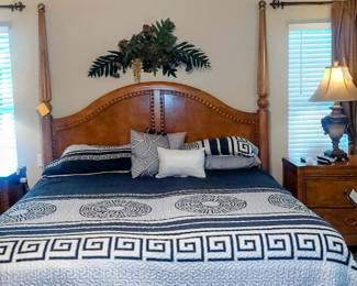 Primary Beautyrest Bed with adjustable split king mattresses. $700 for frame and mattresses. Headboard & footboard (not pictured) $150. Matching nightstands and lamps