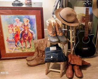 Framed Watercolor, signed Beryl Boyce, Crowder Travel Guitar, 3 pair Ladies Boots, Vintage Wood Step Stool, True Religion jeans, Hats