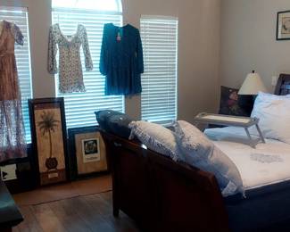 Sleight bed (Queen), young ladies clothing, wall art and pillows