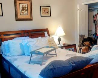 Queen Sleigh bed with matching night stands and triple dresser, Breakfast in Bed Tray, 3 sm. black metal lamps, lots of bed pillows and decorator pillows and young ladies clothing in small sizes. Great wall art too.