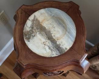 Antique Chinese Carved Rosewood and Marble Plant Stand 