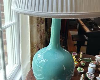Turquoise Glazed Ceramic Table Lamp with Pleated Shade 