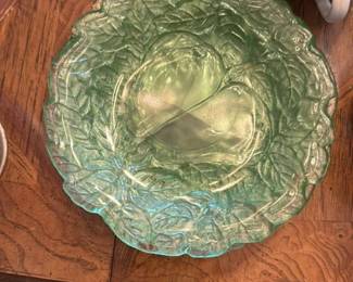 Green Glass Apple and Leaf Dish 