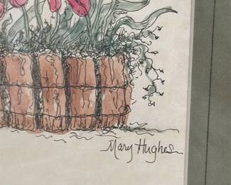 Mary Hughes "Tulips in Brick Planter" Watercolor Painting 