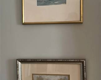 Framed Landscape Painting and Abstract Watercolor 