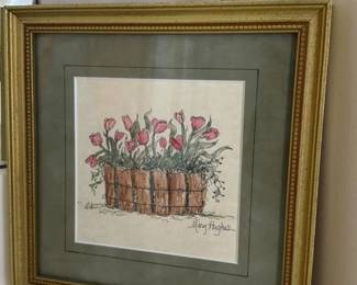 Mary Hughes "Tulips in Brick Planter" Watercolor Painting 