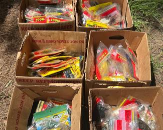Boxes of Fishing Worms various colors and sizes . Each box contains at least 50 packs . Price per box 50.00