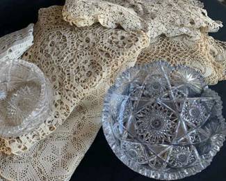 KG195Crocheted Table Cloths And Cut Glassware