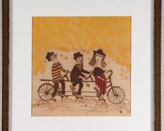 Born in Cairo, Egypt in 1932, printmaker Mireille Kramer-Rekem immigrated to Israel in 1951 at age 19. She enrolled at the Jerusalem University and in 1953 helped Dada artist Marcel Janco and other Israeli artists create the Ein-Hod artist colony in Northern Israel, near Haifa.
Kramer developed her etching techniques at the University of Milan in Italy and continued her art education in Paris at I'Ecole du Louvre and I'Academie Jullian, and in the United States at the Pratt Institute, New York.
Signed lithograph French bicycle scene 