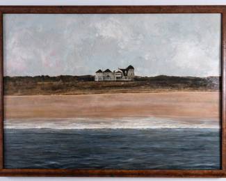 Beautiful coastal landscape could be inspired by Cape Cod. 44” X 33 
Medium: Oil painting on wood. 
Subject: A serene shorescape featuring a large house on a grassy hill overlooking a sandy beach and the ocean. 