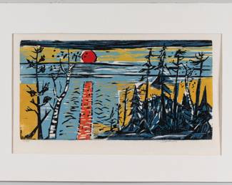 The image depicts a woodcut print by Werner Drewes (1899-1985), a German-American painter and printmaker. Drewes is known for his contributions to American abstract art, particularly in printmaking, and helped introduce the Bauhaus aesthetic to the United States. This specific print, with its bold colors and stylized landscape, demonstrates his distinctive artistic style.