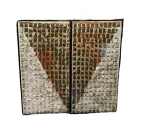 Pair of  “Tea Bag Art” 
49.5” X 25”

Tea bag painting is a unique and creative art form that has been around for centuries. It is said to have originated in China, where tea has been enjoyed for thousands of years.
The earliest tea bag paintings were simple designs, but as the art form developed, more complex and elaborate designs were created. 
The basic idea of tea bag painting is to use tea bags as a canvas for painting.  The bags are painted with watercolors, acrylics, or other paints. The natural tannins in the tea bags give the paintings a unique and muted color palette
