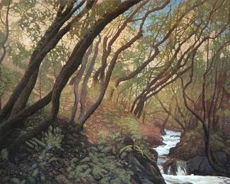 Wildcat Creek no. 64/250
Stephen McMillan (American, b. 1949) is a Pacific Northwest artist who focuses on Northwest and Californian scenes, powerful natural colors, and dramatic viewpoints. McMillan works most frequently in aquatint and etchings, depicting landscapes that he has personally photographed and drawn. His work aims to capture renewal and invigoration generated by being in and moving through the natural environment. He received his BFA from the University of California, Santa Cruz in 1975, studied at Hornsey College of Art in London, and taught at Kala Art Institute in Berkeley. His work has been exhibited throughout the United States and is held by many public collections, including the Brooklyn Museum and Portland Art Museum.
