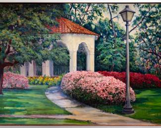 Painting of Flippen Park, located at 4421 N. Versailles Avenue. Flippen Park is a small, romantic area surrounded by beautiful Highland Park residences. The gazebo is the perfect place to enjoy the beautifully landscaped grounds and the tranquil fountain and reflecting pool. A gem of a setting for engagement photos.
Significant size at over 7 ft wide  by 5 ft in height! 