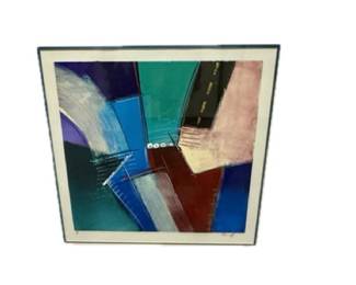 Abstract painting by Kamy Deljou. 
Kamy Deljou is an Iranian artist born in 1957 in Shiraz, Iran. 
He received his MFA from Pahlavy University and later established Graphique Du Jour Studios in the United States after the Iranian Revolution. 
Deljou is known for his innovative techniques combining ink, acrylic, and oils to create abstract images with bold shapes, colors, and rich textures, even patenting some of his printing methods. 