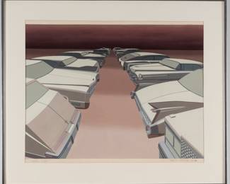 Cadillac Canyon by American artist Robert Alan Pentelovitch, numbered 80 of 125 and dated 1981. The piece features a stylized desert landscape with a vintage Cadillac, rendered in bold colors and graphic forms characteristic of early 1980s printmaking. Artist bio: Robert Alan Pentelovitch was an American artist active during the late 20th century, known for his vibrant serigraphs that often depicted iconic American themes and landscapes. His work reflects a blend of realism and abstraction, capturing the essence of the American Southwest and vintage Americana. Pentelovitch's prints were part of the broader movement of American printmakers in the 1970s and 1980s who explored cultural and regional motifs through screen printing techniques.