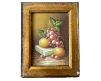 Still life fruit, oil on board. Artist unknown.