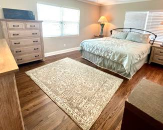 Master Bedroom-
King Mattress set 
Iron scroll Headboard 
(2) Studio Pottery Lamps 
Coastal Cottage Style Dresser
-4 drawers 1 cabinet 
66"w"w x 18"d"d x 39"h"h
Coastal Cottage Style Tall Chest
-6 drawers 
Coastal Cottage Style Nightstands (2)
-2 drawers