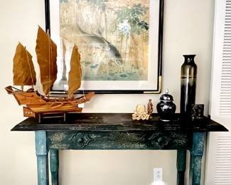 Console table color washed in shades of Aqua
Large Black framed Chinoiserie Koi print 
Vintage wooden Junk Boat model, a traditional Chinese sailing ship