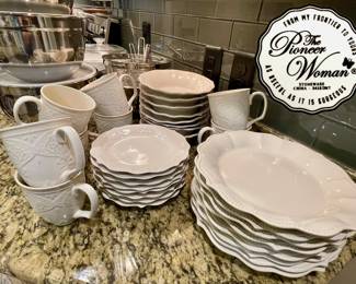 Pioneer Woman in Off White
(8) Plates/Bowl Pattern: Paige 
(8) Mug Pattern: Vintage Farmhouse Lace 