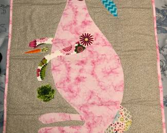 Hand stitched pink bunny appliqué wall hanging