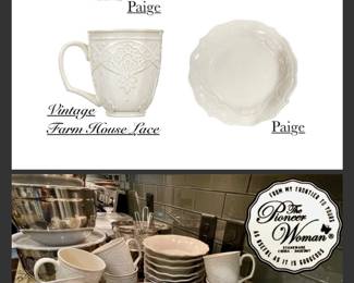 Pioneer Woman in Off White
(8) Plates/Bowl Pattern: Paige 
(8) Mug Pattern: Vintage Farmhouse Lace 