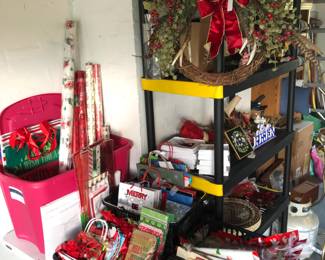 Seasonal decor, gift bags and paper, candles, Christmas tree