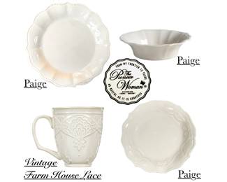 Pioneer Woman in Off White
(8) Plates/Bowl Pattern: Paige 
(8) Mug Pattern: Vintage Farmhouse Lace 