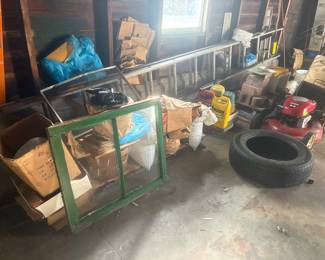 Old window, new tire, aluminum ladder, craftsman lumbar garage