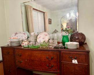 Great buffet with tons of China some Vaseline glass, antique wine glasses, great optic purple bowl