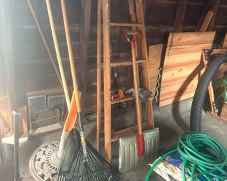 Wooden ladder, and Long handled yard tools