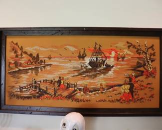 1970’s Crewel Embroidery Hand-Stitched Large Canvas