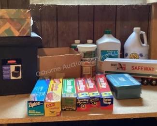 Household cleaners, file box, Safeway truck
